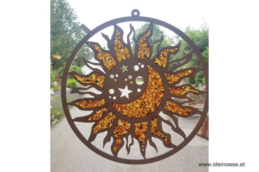 Fensterbild Suncatcher Bernstein - SONNE, MOND & STERNE Ø 20cm